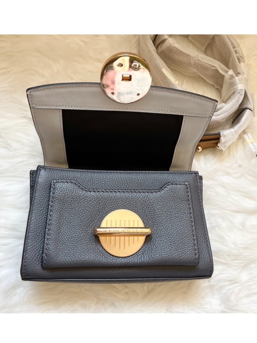 New! Marc Jacobs The Tuck Lock Leather Crossbody Shoulder Bag in Gray Multi - Picture 5 of 11